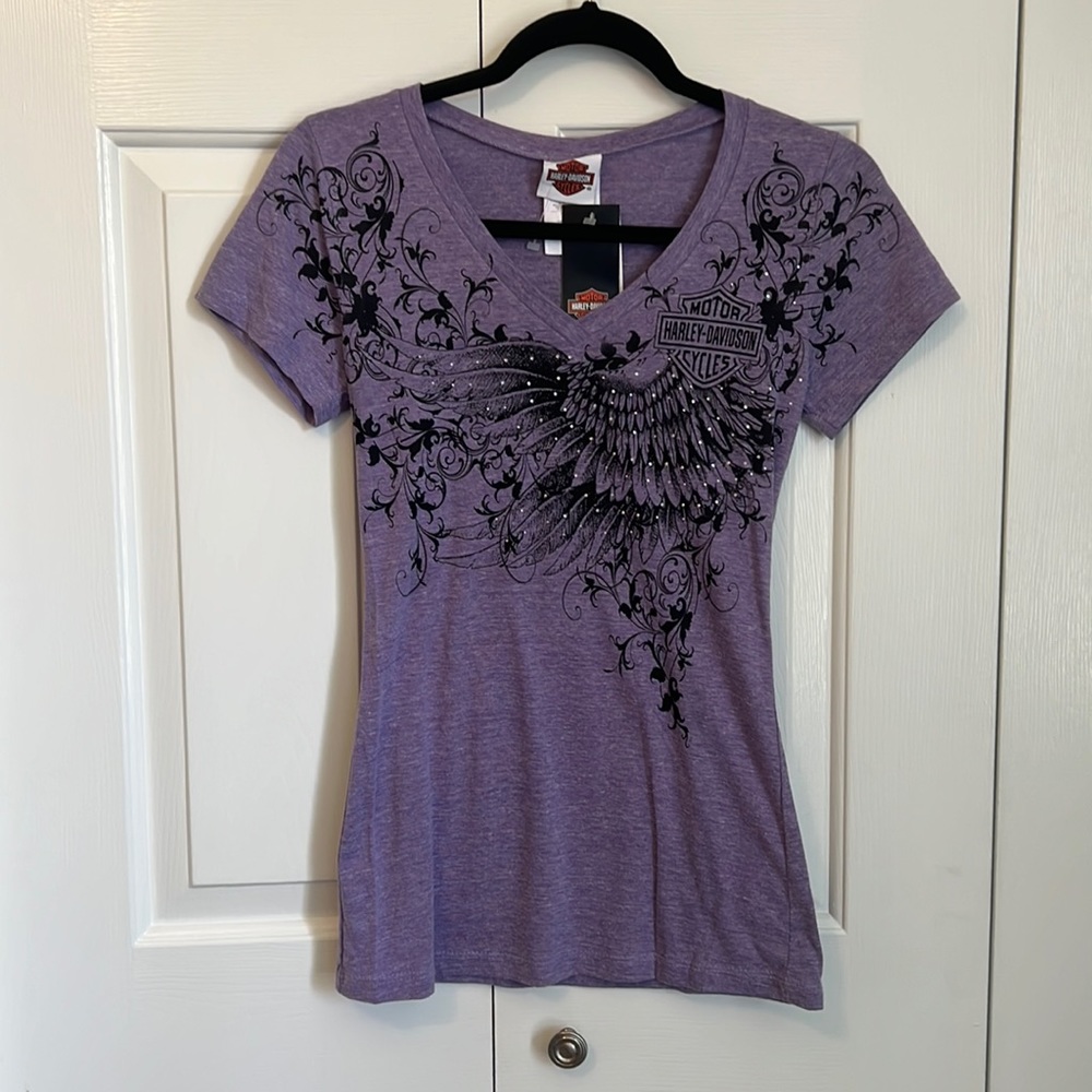Small purple Harley Davidson v neck tee